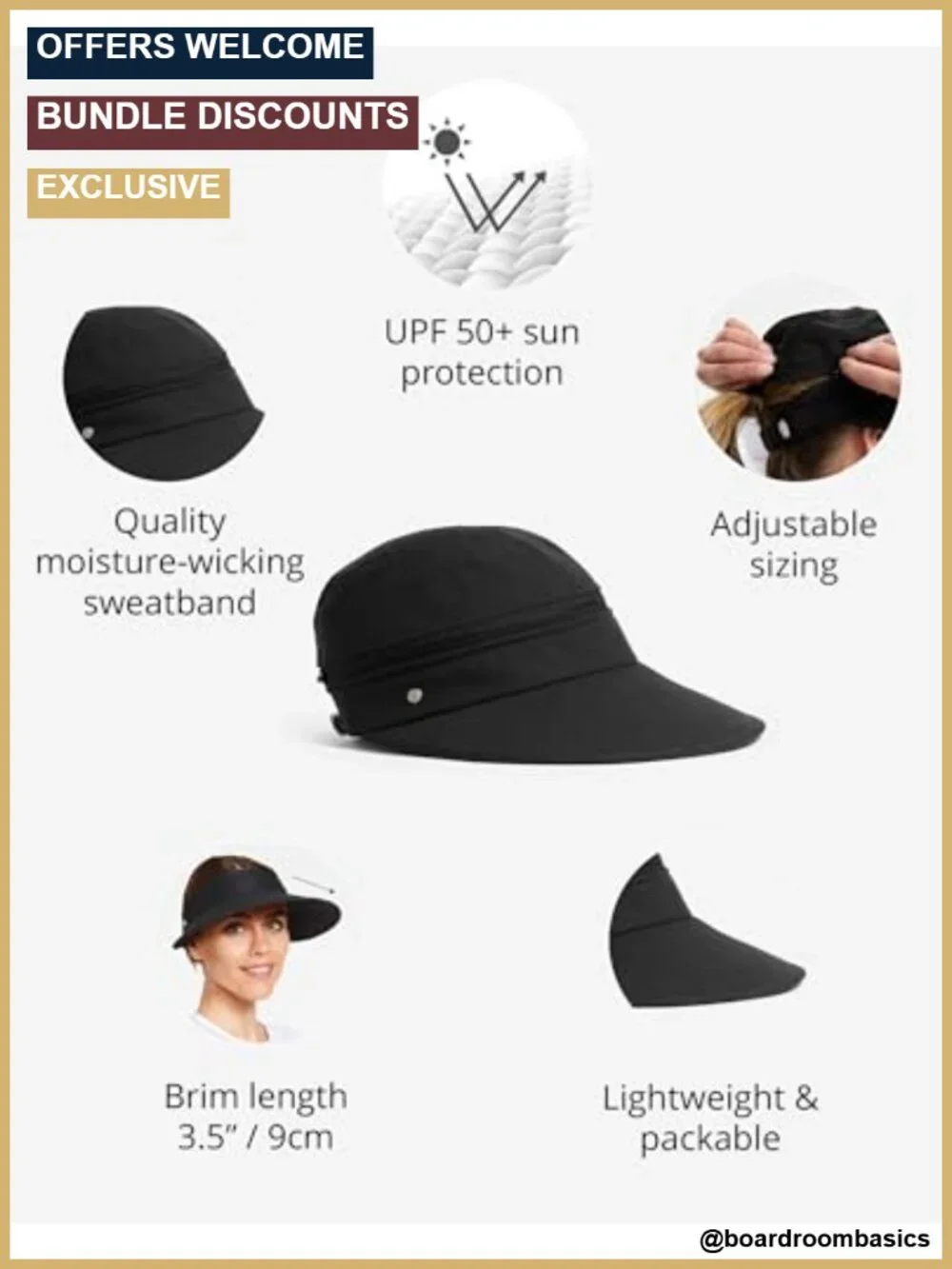 UPF 50+ Convertible Sun Visor Hat with Sweatband - Lightweight, Packable,